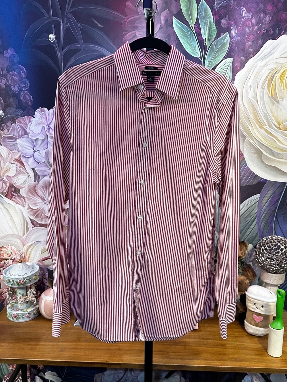 Gap Men's S 14-14.5 Slim Fit Cotton Long Sleeve Dress Shirt Red White Striped